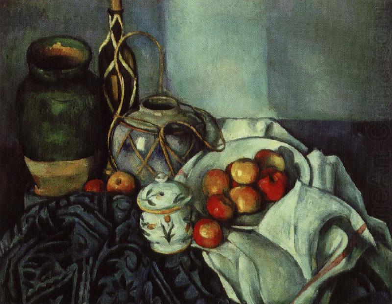 stilleben med krukor och frukt, Paul Cezanne